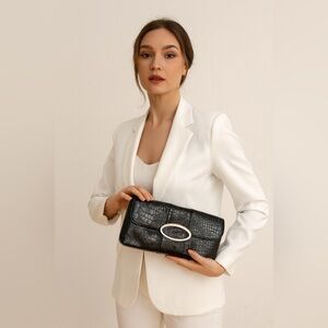 Bellini Black Croc-Patterned Wristlet Clutch